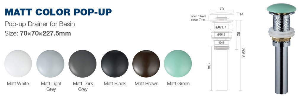 P75-MBL Pop up Overflow BRASS Pipe + Matt BLACK Ceramic Cover